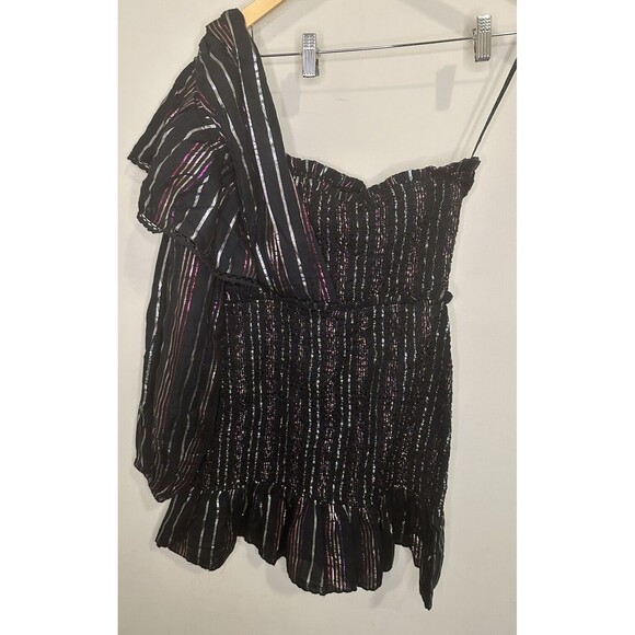 Farm Rio Lurex Stripes Mini Dress Medium NWT Smocked One Shoulder Sparkle - Picture 8 of 8